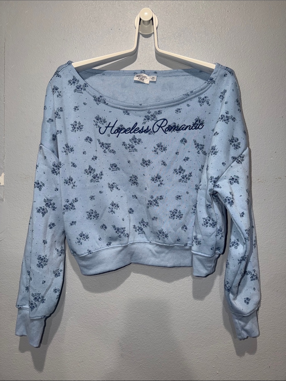 Mighty Fine Light Blue Floral 'Hopeless Romantic' Cropped Sweatshirt
